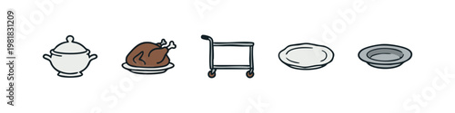 Dinner Banquet and Food Service Icons with Tureen Roasted Turkey and Catering Trolley