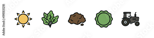 Agriculture and Farming Icons Featuring Sun Lettuce Compost Pile and Tractor