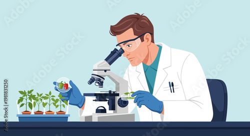 Scientist examining plant samples under microscope in laboratory setting 1.