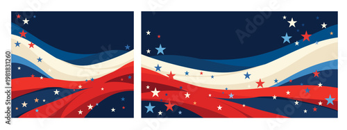 Independence Day July 4th. Set of vector banners featuring flowing red, white, blue waves, stars. Perfect for patriotic posters, social media graphics, holiday promotions. Clean, modern design