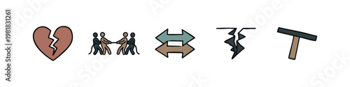 Emotional and Utility Icons Set with Broken Heart Tug of War Arrow Crack and Squeegee