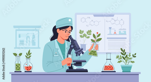 Scientist examining plant samples under microscope in laboratory setting.