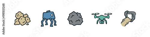 Mining and Exploration Technology Icons Set with Nuggets Robot Rock Drone and Robotic Claw