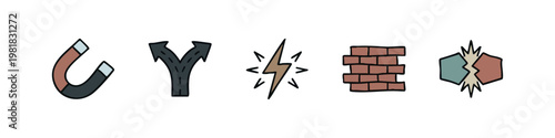Conceptual Business and Physics Icons Set featuring Magnet Path Lightning Wall and Impact