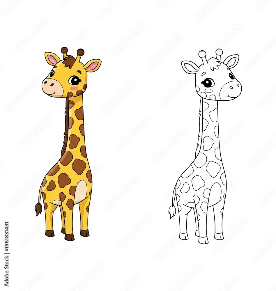 Obraz premium Cute cartoon giraffe with spots, line art and color