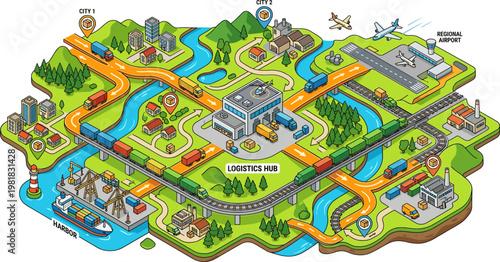 Network map of logistics hub with diverse transportation modes isometric
