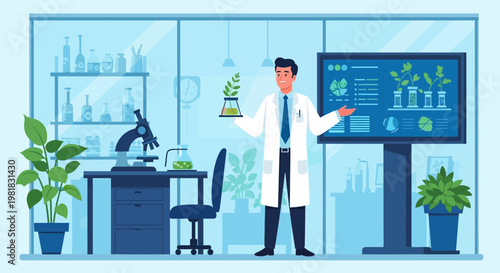 Scientist holding plant in modern laboratory with digital display.