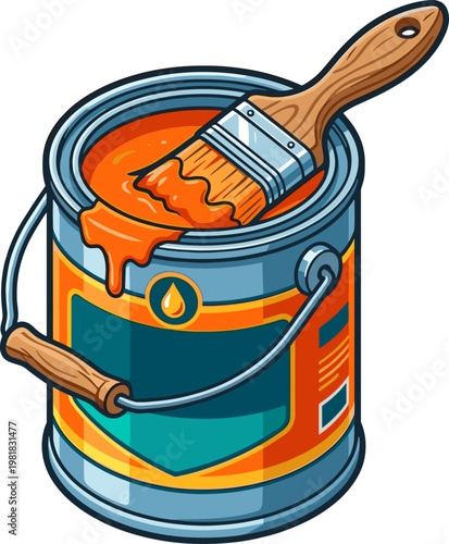 Open paint container with fresh orange enamel and wooden handle brush