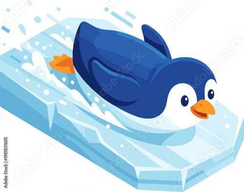 Playful penguin sliding on its belly across a block of ice