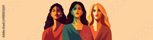 Vector horizontal abstract banner for Women's Day. Women of different cultures, skin colors, nationalities together. Perfect movements for gender equality, women's empowerment, diversity, feminism