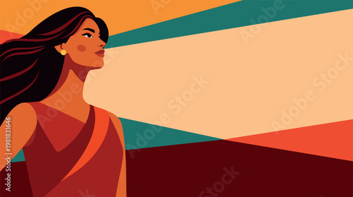 Vector illustration of a confident woman looking up, bright geometric background. Perfect for themes to empowerment, diversity, feminism, gender equality, Women's Day. Design with space for text