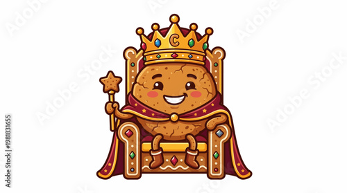 Charming cartoon potato character ruling as a majestic king, seated on a golden throne with a crown and scepter, exuding playful royalty and whimsy