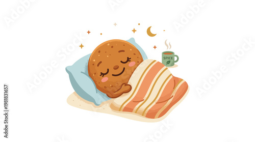 Sweet dreams for a charming cartoon cookie character, peacefully sleeping in a cozy bed under a soft, striped blanket with a warm drink, moon, and stars