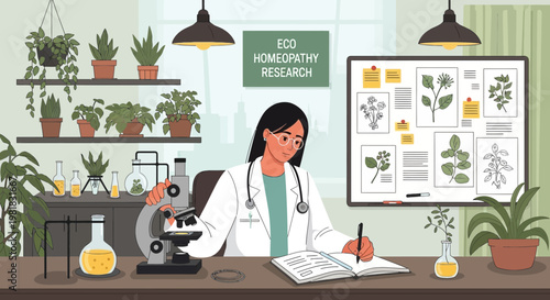 Woman scientist studying plants in a laboratory setting.