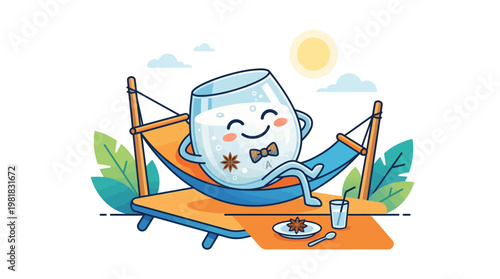 Cheerful Cartoon Glass of Milk Enjoying a Sunny Summer Day in a Hammock, Embodying Relaxation, Refreshment, and a Peaceful Getaway