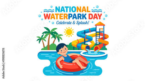 Flat Illustration of a Happy Child Enjoying a Waterpark Day with Slides and Palm Trees, Celebrating National Waterpark Day with Fun and Splashes