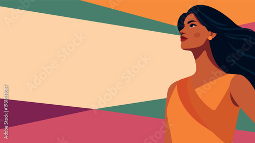 Vector illustration of a confident woman looking upward, bright geometric background. Ideal for empowerment, diversity, cultural identity, feminism, gender equality. Clean design with place for text