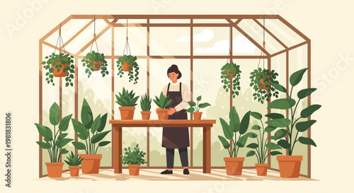 Woman tending to plants in a greenhouse setting.