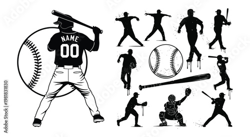 Black and white baseball player silhouette collection featuring batters, pitchers, and a catcher in vintage sketch style