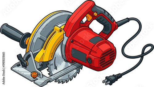 Red electric circular saw power tool for woodworking