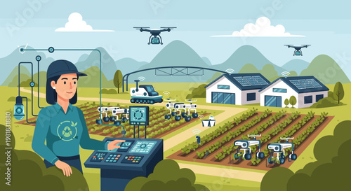 Woman controlling smart farm technology with advanced interface.