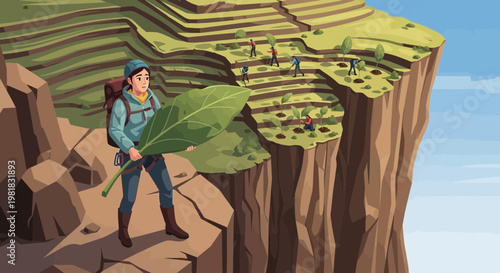 Young Hiker Carries Giant Leaf on Cliff Edge.