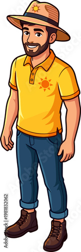 Smiling man wearing sun hat and yellow polo shirt standing