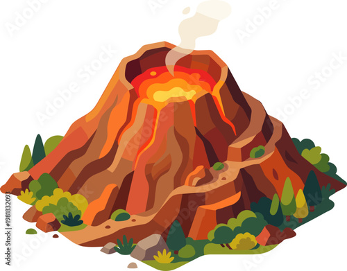 Smoking volcano mountain with molten lava and forest base