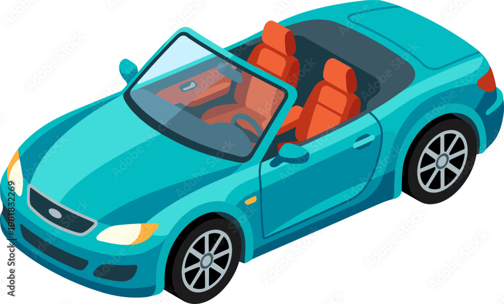 Naklejka premium Teal blue convertible luxury car with red leather interior and open top