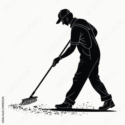 Silhouette of a Worker Sweeping Debris with a Broom on a White Background cleaner janitor