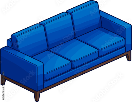 Three seater blue upholstered sofa with wooden base frame