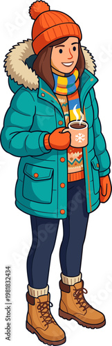 Woman in teal winter parka and orange knit hat holding hot coffee