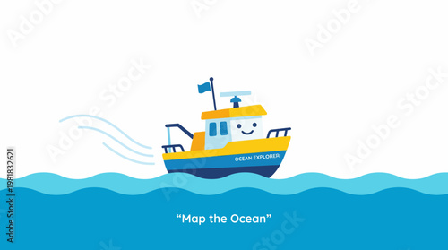 Charming illustration of a cheerful exploration vessel sailing across the blue sea, conveying themes of oceanic mapping and scientific discovery with a friendly smile