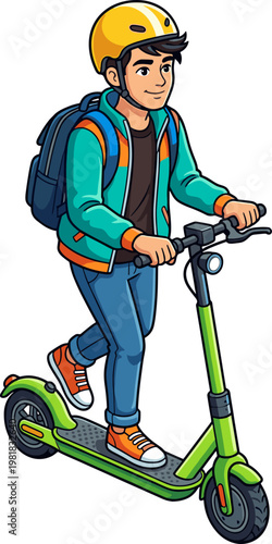 Young man riding green electric scooter for urban commuting