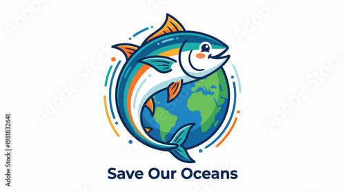 A vibrant illustration showcasing a cheerful tuna fish swimming around a stylized Earth, symbolizing ocean conservation and the need to protect marine life and our planet's vital water resources