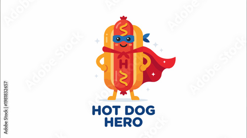 A fun and vibrant cartoon illustration of a hot dog transformed into a cheerful superhero, ready to save the day with its delicious powers