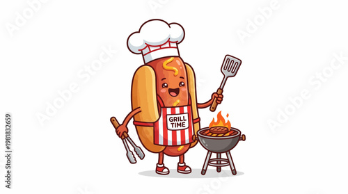 Cute cartoon hot dog chef character grilling a hot dog on a barbecue with a spatula and tongs, illustrated in a fun and playful style, perfect for food and grilling themes