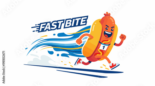 Excited hot dog with running shoes and bib number racing towards the finish line with 'FAST BITE' text