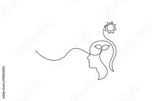 Mental health minimalist line drawing with growing plant and sun for enlightenment and psychological wellness