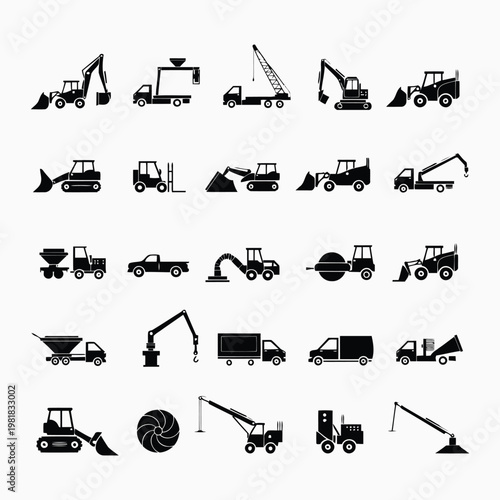 Collection Of Black Silhouettes Of Construction And Industrial Vehicles And Equipment