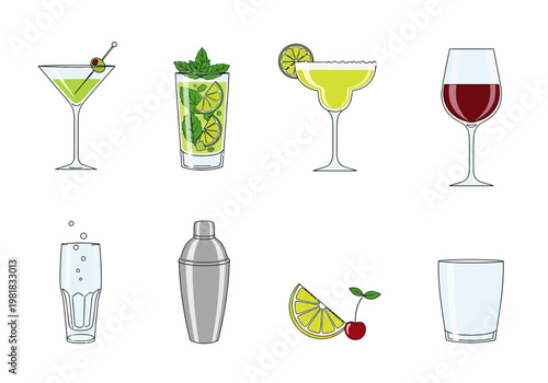 Cocktail glasses and shaker icons.