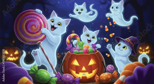 Whimsical halloween celebration with magical ghostly cats and enchanted objects Vector