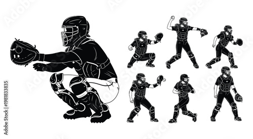 Black and white silhouette set of baseball catcher in various dynamic poses wearing protective gear and mitt