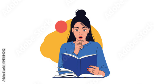 Surprised woman with wide eyes reading a book and reacting with amazement to an unexpected story or information.