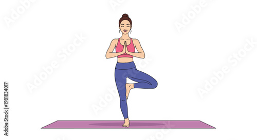 Healthy young woman in sportswear practicing the Tree pose on a yoga mat to improve her balance, focus, and inner peace.