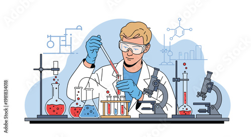 Dedicated scientist working in a chemistry laboratory with test tubes, chemicals, and specialized medical equipment.