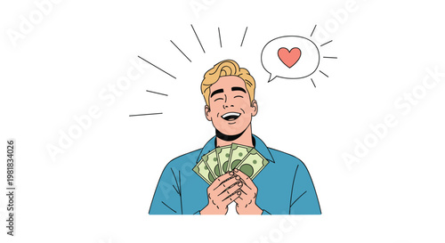 Happy young man holding fans of cash money with a heart symbol in a speech bubble representing financial success and prosperity.