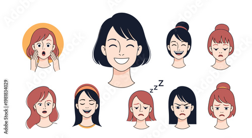 Collection of female character head avatars showing various facial expressions including happy, sad, angry, surprised, and sleepy.