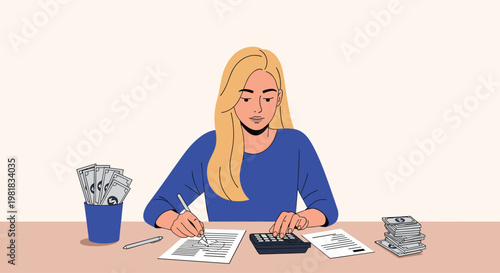 Focused woman sitting at a table with stacks of money and a calculator, doing taxes or financial accounting work.