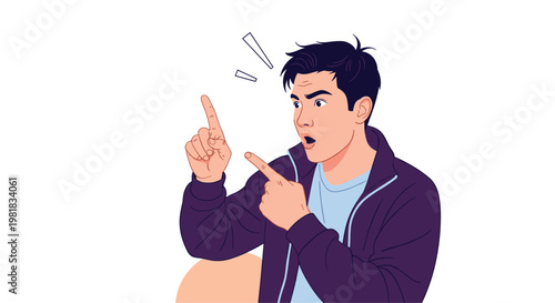 Surprised young man with an open mouth pointing his fingers upwards towards a new idea or unexpected information.